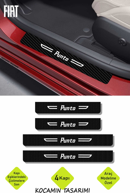 Fiat Punto Siyah Karbon Kapı Koruyucu Beyaz Punto Yazılı Dekoratif Kapı Eşiği 4 Parça Fiat Punto Uyumlu