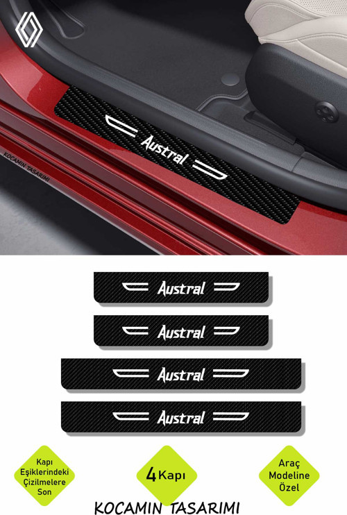 Siyah Karbon Renault Austral Kapı Eşiği Dekoratif Beyaz Yazılı Kapı Koruyucu 4 Parça Set Renault Austral Yazılı