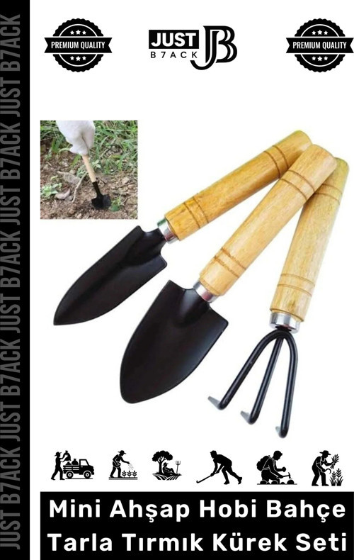 #HobiSeti Dayanıklı Doğal Ahşap Yüksek Kalite Estetik Mini Ahşap Hobi Bahçe Tarla Tırmık Kürek Seti