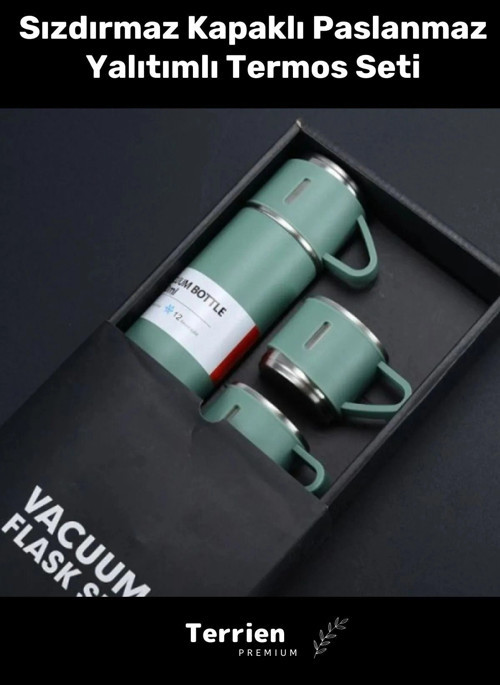 Premium Seri Özel Üretim Kaydırmaz Taban Paslanmaz 2 Katmanlı Çelik Bardaklı Yalıtımlı Termos Seti