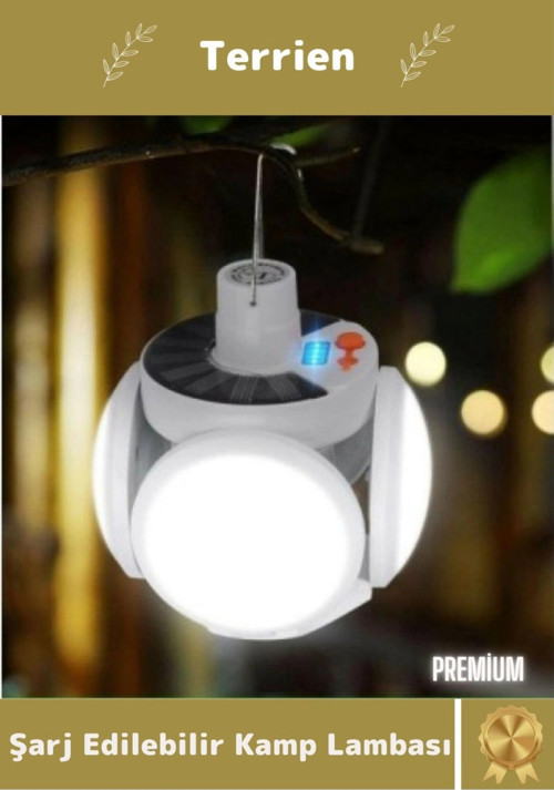 Premium Seri Solar 5 Kanatlı Pratik Güneş Enerjisi ve Usb Şarjlı Katlanabilir Askılı Kamp Lambası