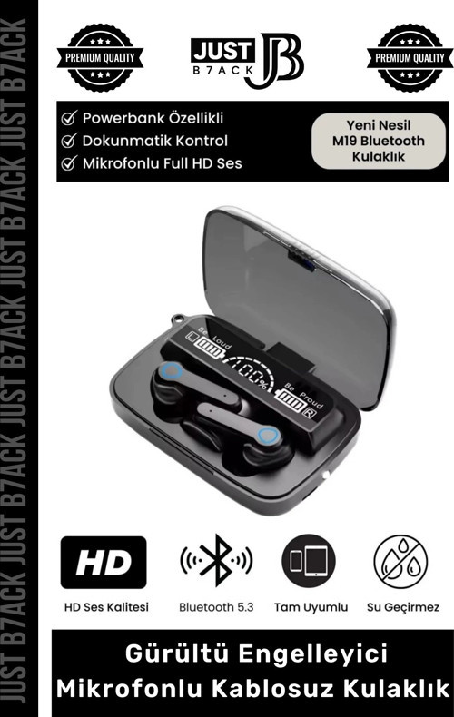 #M19Kulaklık Dijital Göstergeli Powerbanklı HD Hi-Fi Ses Dokunmatik 5.3 Mikrofonlu Kablosuz Kulaklık