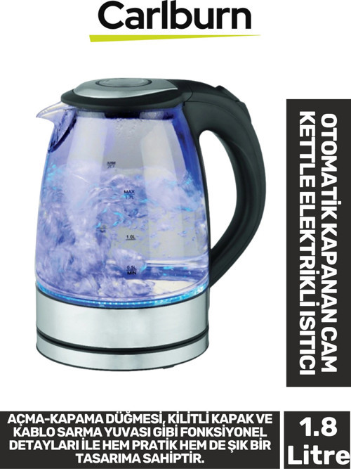 Premium 1500W Şeffaf Görüntü Su Seviye Takip Led Aydınlatma 1.8 Litre Cam Kettle Elektrikli Isıtıcı