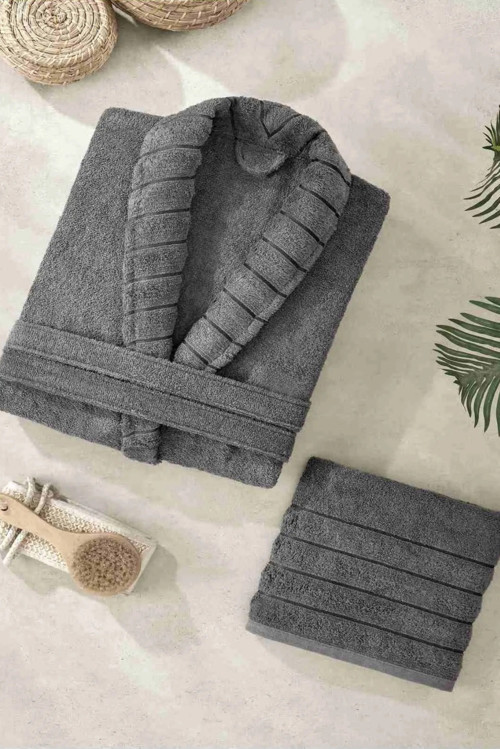 Havlulu Bornoz Seti Çizgili Şalyaka Bornoz Seti