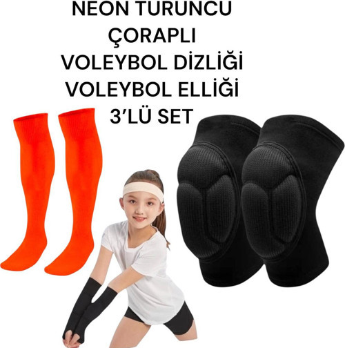 Çocuk Voleybol Dizliği Voleybol Elliği Neon Voleybol Çorabı Kapartma Sünger Destekli 3'lü Set