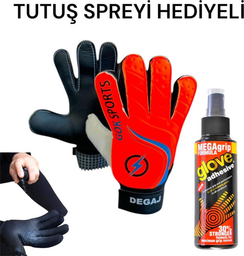 DEGAJ Yetişkin Kaleci Eldiveni Bilek Bandajlı Kaleci Tutuş Eldiveni Spreyi 8-9-10 cm Avuç İçi
