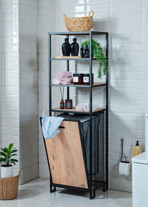 DEKORATİF KİRLİ SEPETLİ BANYO DOLABI AHŞAP RAFLI METAL GÖVDELİ 4 RAFLI ÇAMAŞIR SEPETİ BANYO DÜZENLEYİCİ ORGANİZER