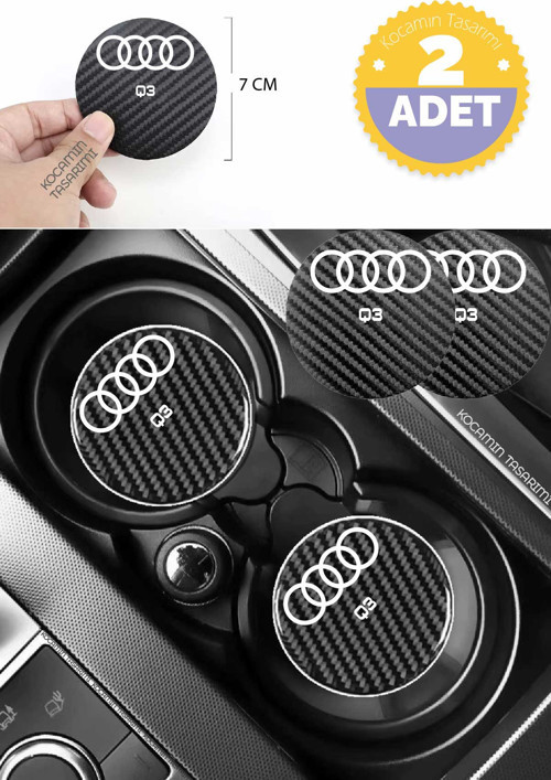 Audi Q3 Karbon Bardak Altlığı Audi Q3 Yazılı Spor ve Şık 2 Adet 7 cm Tasarım