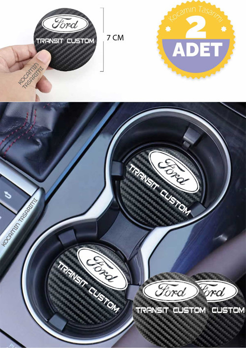 Ford Transit Custom Siyah Karbon Araç Bardak Altlığı Ford Logolu Transit Custom 7 cm Dayanıklı Özel Tasarım 2 Adet