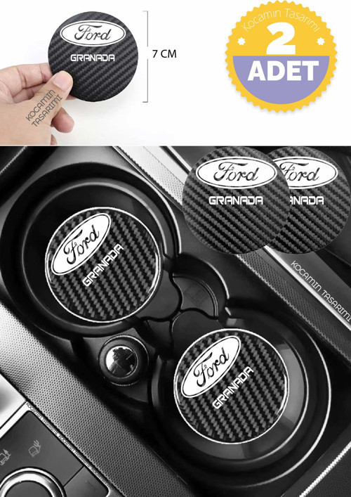 Ford Granada Karbon 7 cm Bardak Altlığı 2 Adet Ford Amblemli Granada Yazılı Spor Şıklığı İçin