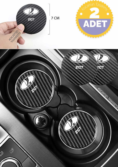 Lada 2107 Siyah Karbon 7 cm Bardak Altlığı Lada Yazılı 2107 Logolu 2 Adet Dayanıklı Şık Tasarım