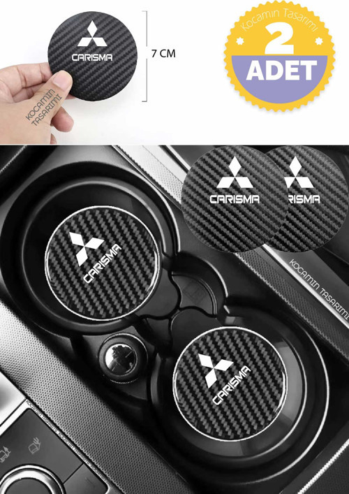 Mitsubishi Carisma Siyah Karbon Bardak Altlığı 2 Adet Mitsubishi Logolu Carisma Yazılı 7 cm İçin Özel Tasarım