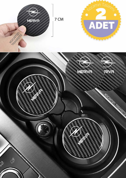 Opel Meriva Siyah Karbon Bardak Altlığı 2 Adet Opel Logolu Meriva Yazılı 7 cm İçin Özel Tasarım