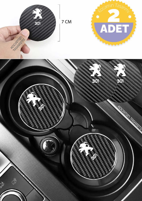 Peugeot 301 Araba İçin Karbon Bardak Altlığı Peugeot 301 Yazılı 7 cm Dayanıklı Şık Tasarım 2 Adet