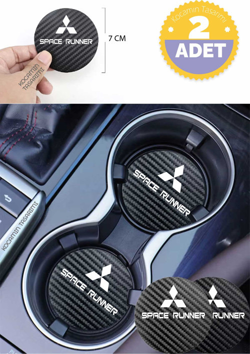 Mitsubishi Space Runner Siyah Karbon Bardak Altlığı Mitsubishi Armalı Space Runner Yazılı 7 cm Dayanıklı Özel Tasarım 2