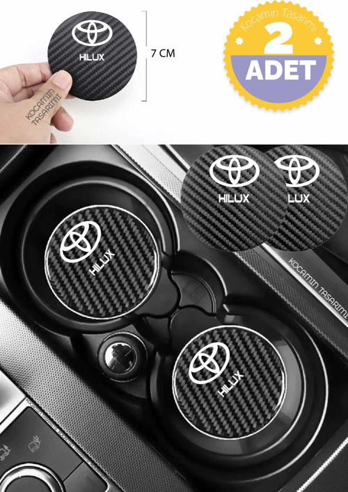 Toyota Hilux Siyah Karbon Bardak Altlığı 2 Adet Toyota Logolu Hilux Yazılı 7 cm İçin Özel Tasarım