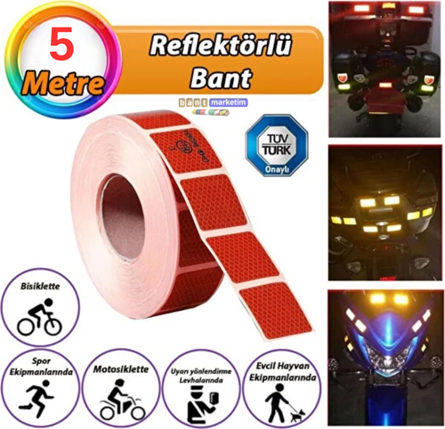 Tüvtürk Onaylı Reflektörlü Reflektif Fosforlu Şerit Bant Kesikli Reflektör 5metre Kırmızı