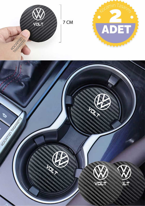 Volkswagen Volt Siyah Karbon Araç Bardak Altlığı Volkswagen Logolu Volt Özel Üretim 2 Adet 7 cm