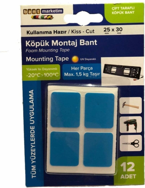 Köpük Çift Taraflı Beyaz Köpük Bant Montaj Bandı 12' Li 25mmx30mm Özel Kesim