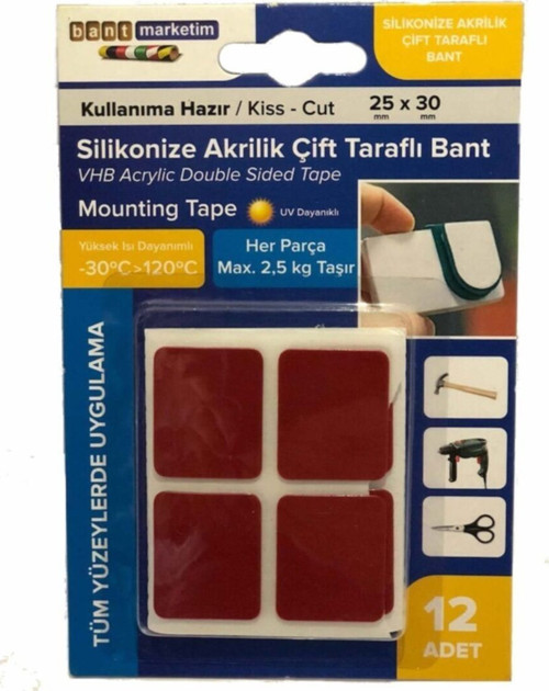 Silikonize Akrilik Çift Taraflı Bant Gri 12' Li 25mmx30mm Özel Kesim Kullanıma Hazır