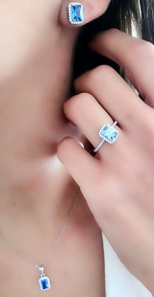 Sky Diamond Blue Creative Sapphire 925 ayar Gümüş Lüks Set Takım
