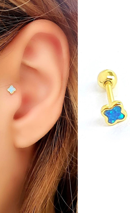Opal Taşlı 925ayar Gümüş Üzerine Altın Kaplama Yonca Tragus Piercing