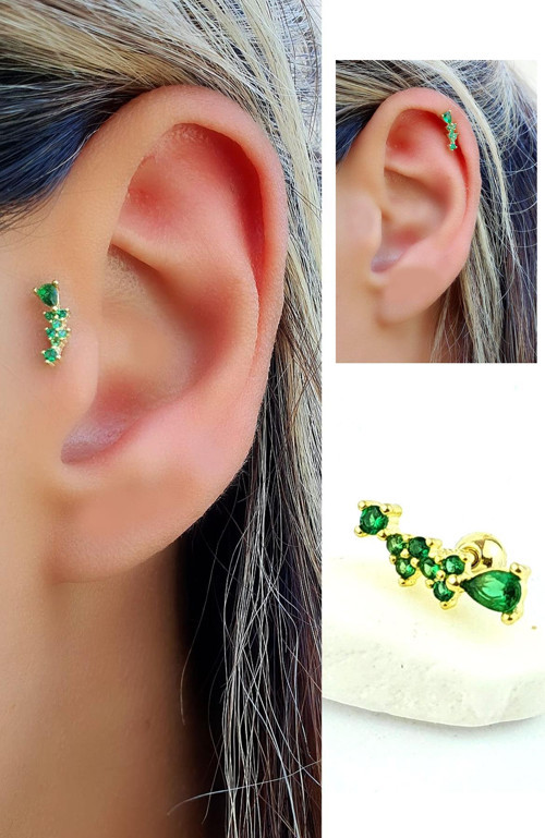yeşil Zirkon Taşlı 925ayar Gümüş Üzerine Altın Kaplama Tragus ve Helix Kikirdak piercing