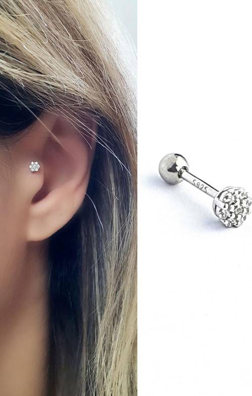 Pırlanta Parlaklığında Zirkon Taşlı 925ayar Gümüş Tragus Helix Kikirdak piercing