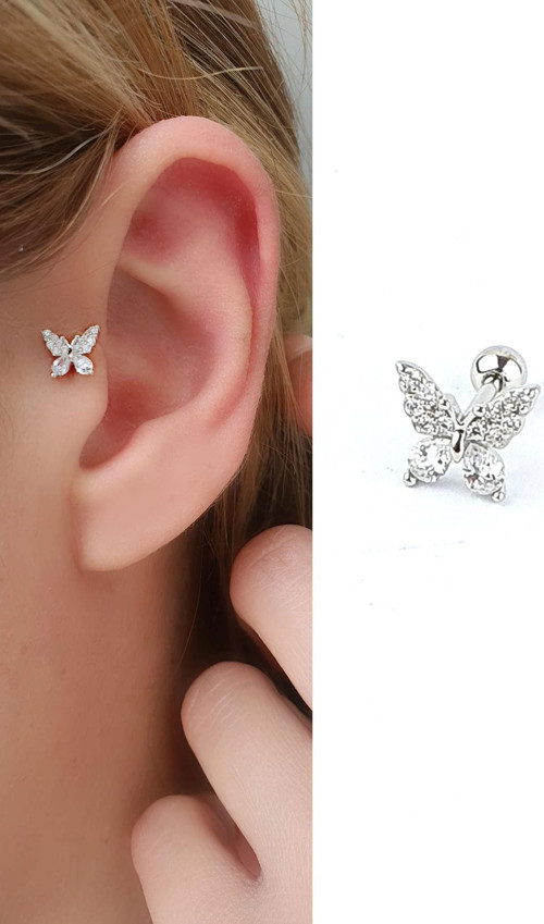 Zirkon Taş Detaylı Kelebek Figürlü 925ayar Gümüş Tragus Helix Kikirdak piercing