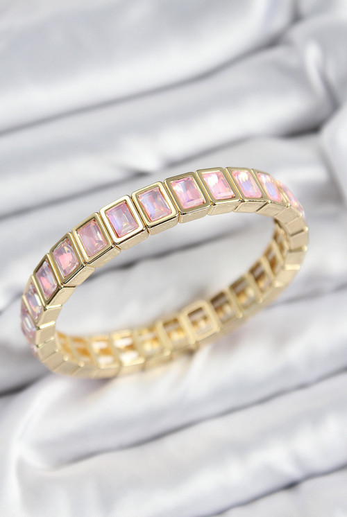 Pirinç Pembe Zirkon Taşlı Dikdörtgen Model Gold Renk Lastikli Kadın Bileklik - TJ-BB7491
