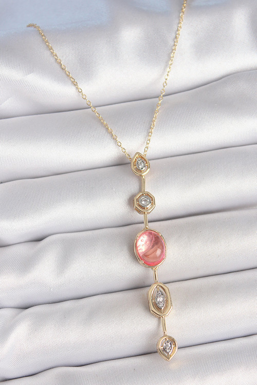 Pirinç Zincir Pembe Gold Renk Zirkon Taşlı Y Kolye - TJ-BKO10231