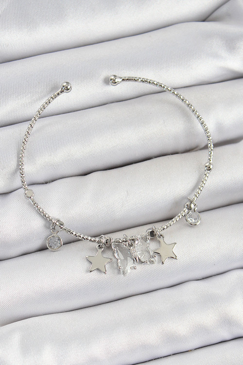 Pirinç Zirkon Taşlı Kelebek Ve Yıldız Model Gümüş Renk Charm Bileklik - TJ-BB7345