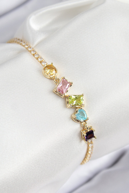 Pirinç Renkli Zirkon Taşlı Geometrik Model Gold Renk Kadın Bileklik - TJ-BB7689