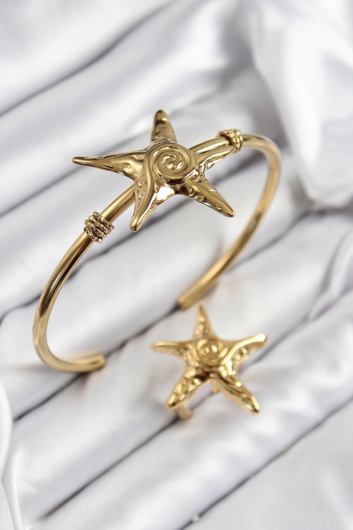 Pirinç Deniz Yıldızı Model Gold Renk Bileklik Yüzük Set - TJ-BB7600