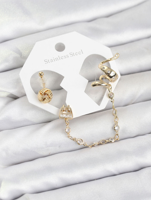 Pirinç Gold Renk Yılan Model Zincir Bağlantılı Ear Cuff Küpe Seti - EBJ260109W38968