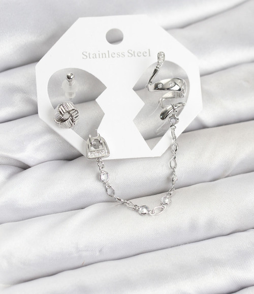 Pirinç Gümüş Renk Yılan Model Zincir Bağlantılı Ear Cuff Küpe Seti - EBJ260109W38969