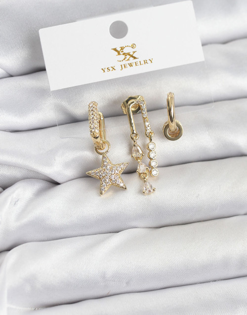 Pirinç Gold Renk Zirkon Taşlı Yıldız Vintage Model YSX Trio Küpe Seti - EBJ260109W38996