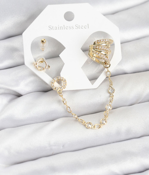 Uzay Model Pirinç Gold Renk Zincir Bağlantılı Ear Cuff Küpe Seti - EBJ260109W38980