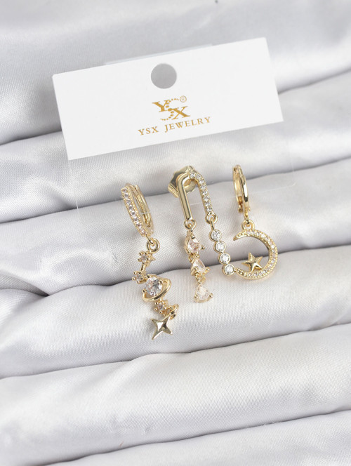 Pirinç Gold Renk Zirkon Taşlı Uzay Model YSX Trio Küpe Seti - EBJ260109W39002