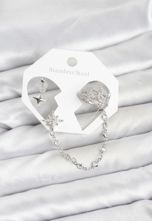 Kutup Yıldızı Model Pirinç Gümüş Renk Zincir Bağlantılı Ear Cuff Küpe Seti - EBJ260109W38985