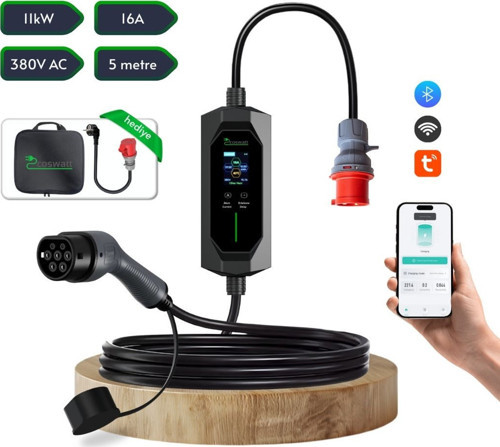 Elektrikli Araç Taşınabilir Şarj Istasyonu 11 Kw / 16A / Tip-2 / 5X16A Fiş / Trifaze / 5m / Çantalı / Ev Tipi Dönüştürücü Kablolu(TÜRKÇE MENÜ)