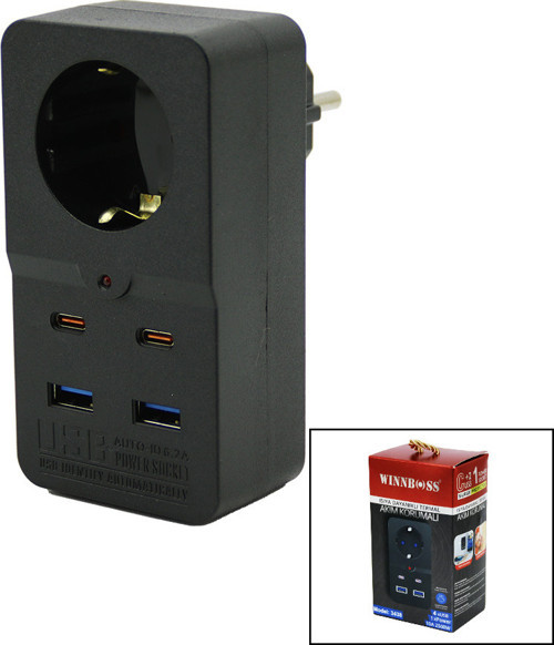 TERMAL AKIM KORUMALI 1XPRİZ 2X USB 2X TYPE-C DUVAR TİPİ PRİZ SİYAH 10A - 2500W (Timya/Go1395) 2029