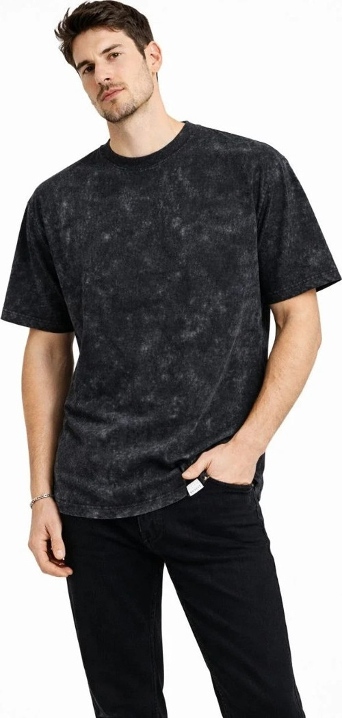 Erkek Asit Yıkama Bisiklet Yaka Kısa Kollu Oversize T-Shirt Tişört - Siyah