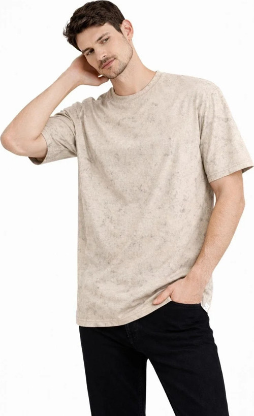 Erkek Asit Yıkama Bisiklet Yaka Kısa Kollu Oversize T-Shirt Tişört - Bej