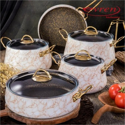 9 Parça Brown Taş Mermer Desenli Bakraç Tencere Seti