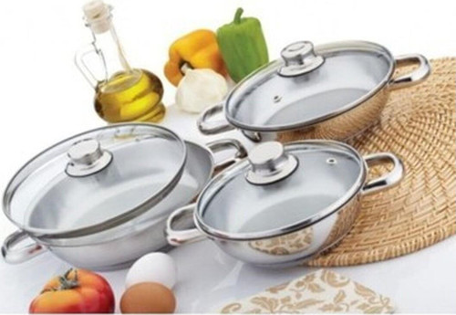 6'lı cam kapaklı omlet sahan seti, şık ve dayanıklı çelik malzeme ile