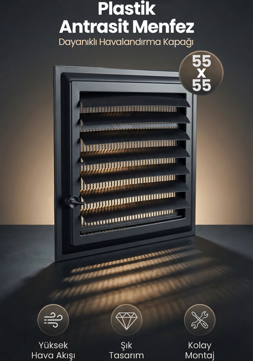 55x55 cm Antrasit Plastik Havalandırma Menfezi, WC / Banyo