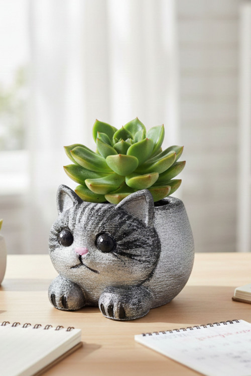 - Hülya 6683 8498 El Yapımı Gümüş Polyester Mini Kedi Figürlü Dekoratif Saksı - 8 Cm