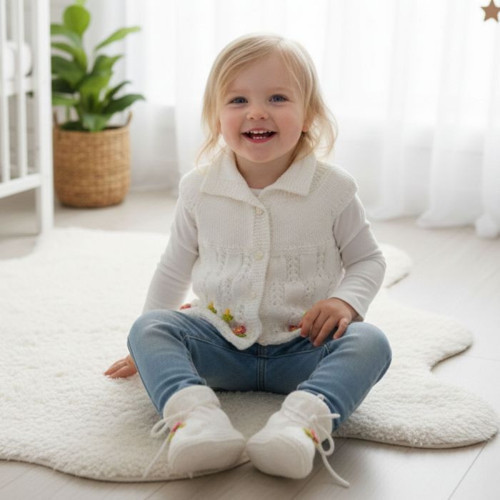 - Kadir 7704 6511 El Örgüsü Kız Çocuk Nakış İşlemeli Yelek - Patik 2'li Takım / 1 - 2 Yaş