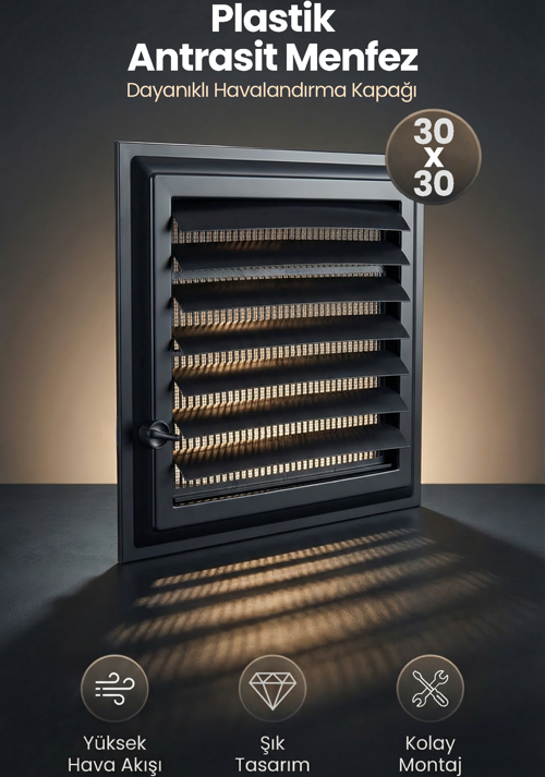 30x30 cm Antrasit Plastik Havalandırma Menfezi, WC / Banyo